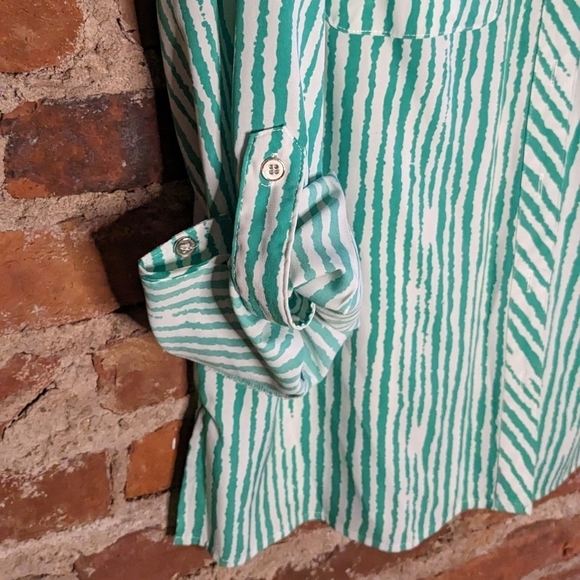 Notations Large Green‎ & White Vertical Striped Long Sleeve Button Down Shirt - Picture 3 of 11
